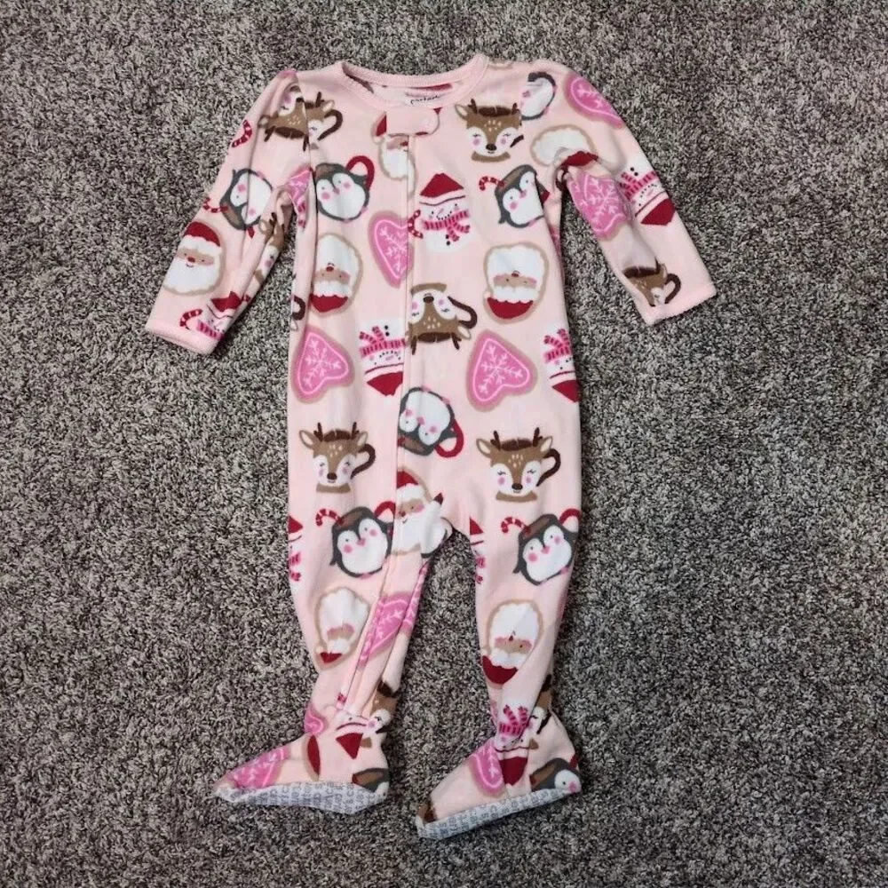 Carter's 12 Month Girls Fleece Christmas Sleeper 12m Santa Full Zip Pink Cookies